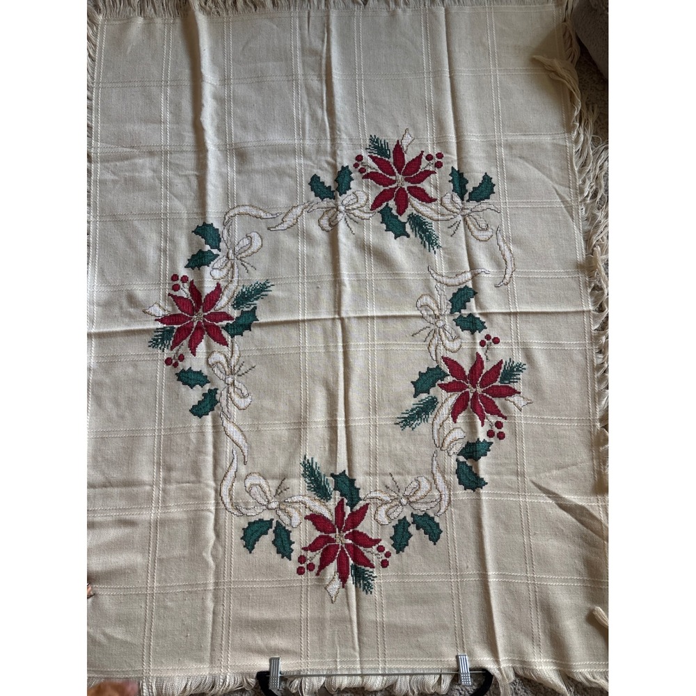 Christmas Tablecloth Embroidered Rectangular Cream Red Poinsettia Wreath cotton